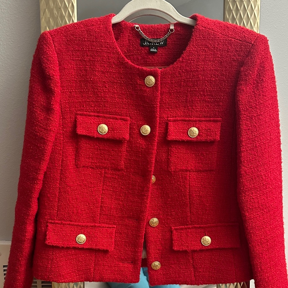 J. Crew Vibrant Red Tweed Blazer with Gold Buttons